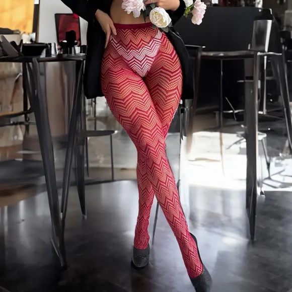Rose Red Chevron Fishnet Tights - Picture 1 of 5